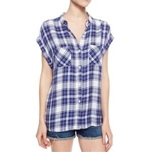 Rails Britt Short Cap Sleeve Button Down Flannel Shirt Medium Blue White Plaid